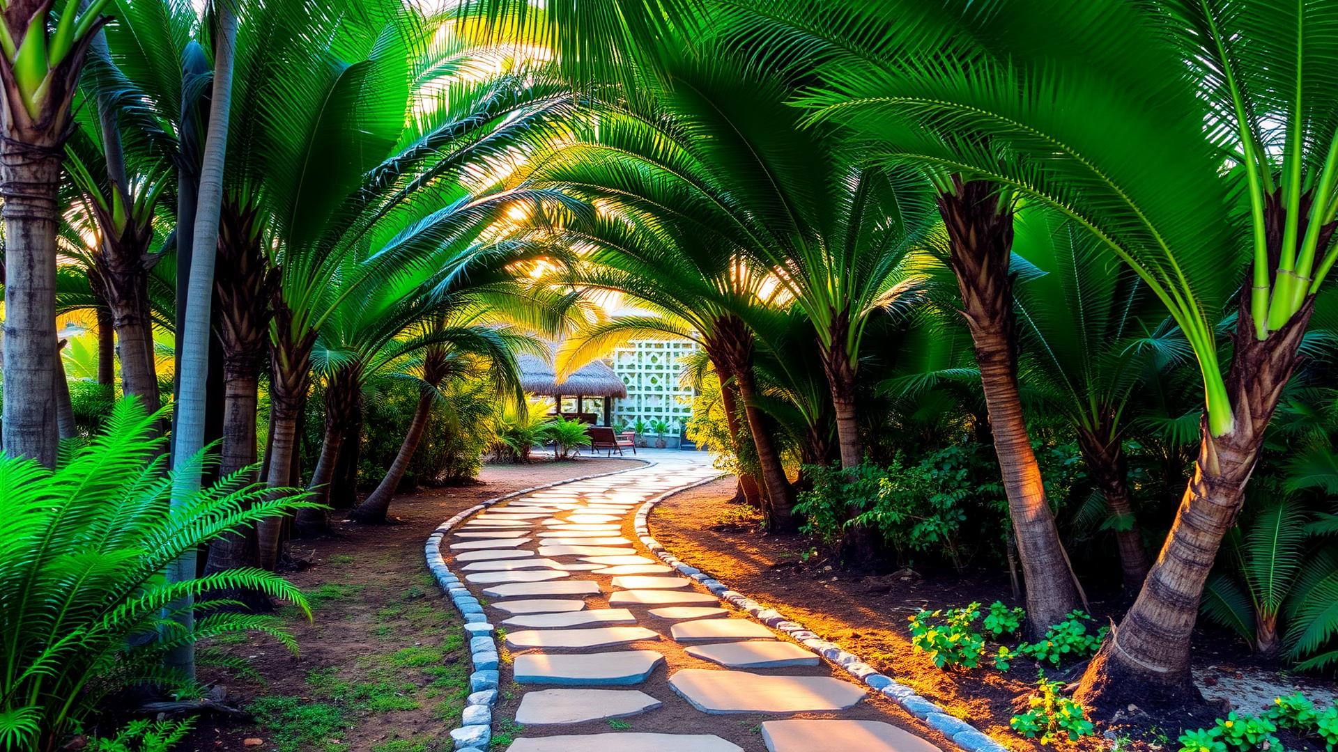 Tropical garden path lined with palms